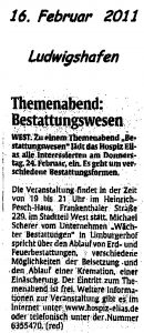 Zeitungsartikel "Die Rheinpfalz" über einen Vortrag im Hospiz Elias Ludwigshafen