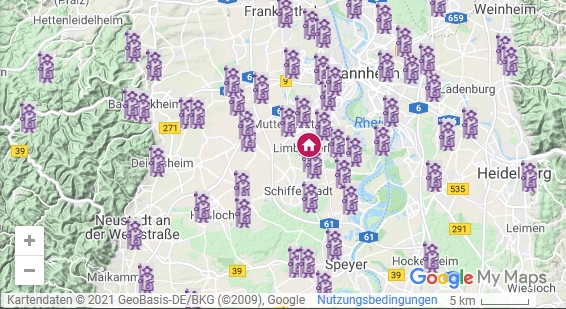 Karte Friedhöfe von google maps, Region Rheinebene, Metropolregion Rhein-Neckar.