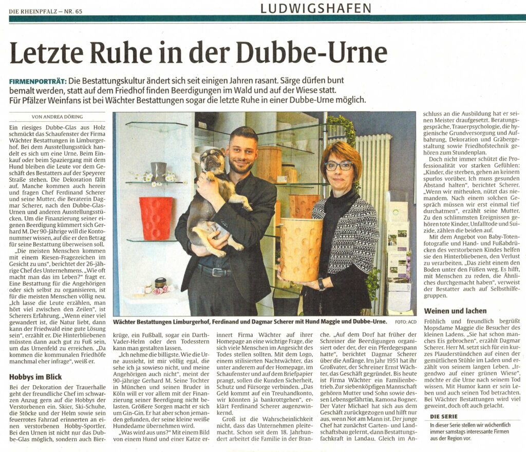 16.03.2024 Die Rheinpfalz Firmenporträt "Letzte Ruhe in der Dubbe-Urne"